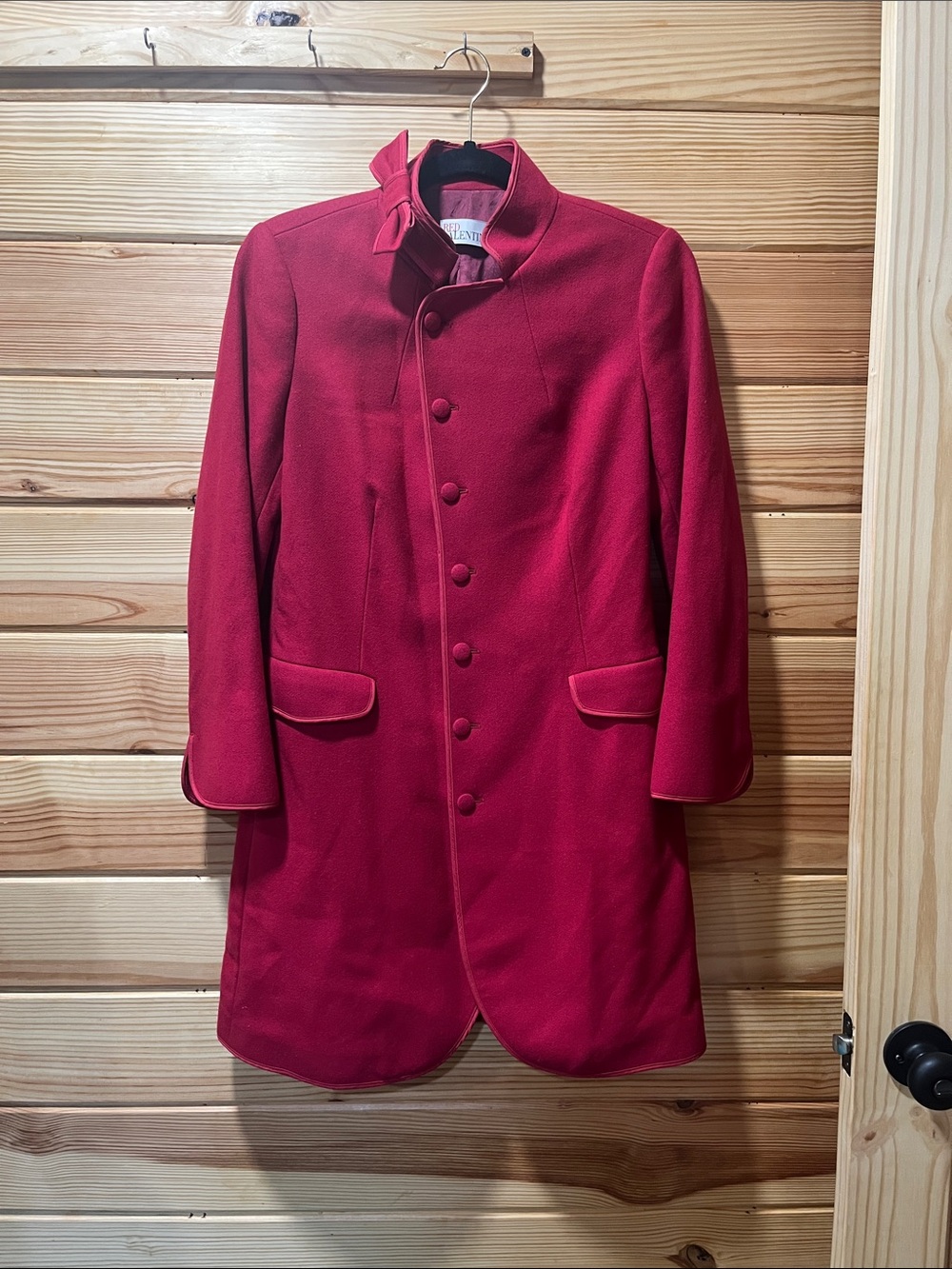 RED Valentino Crimson Red Wool Pea Coat with Stand Collar